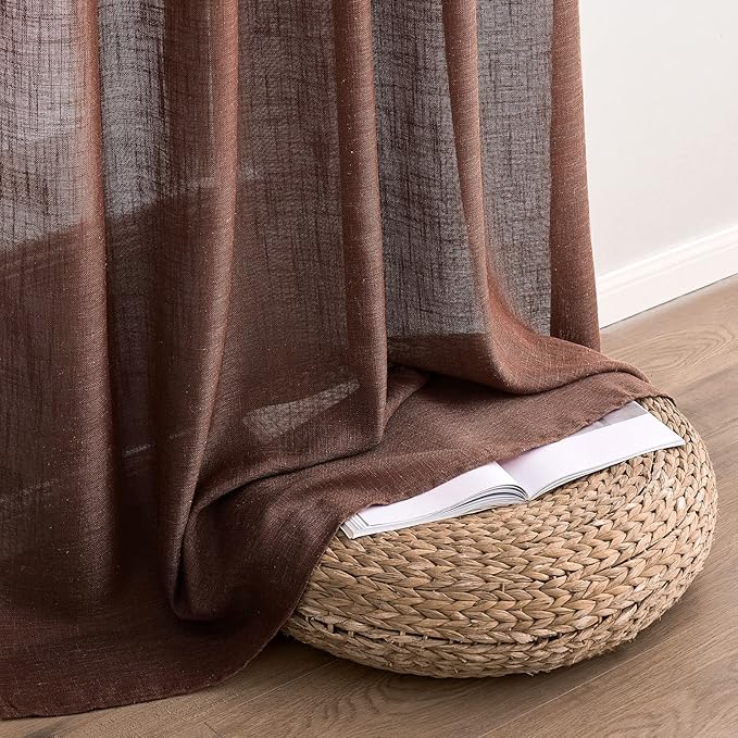 MIULEE Chocolate Brown Linen Curtains 96 Inch Long for Bedroom Living Room, Soft Thick Linen Textured Window Drapes Semi Sheer Light Filtering Back Tab Rod Pocket Burlap Look Decor, 2 Panels