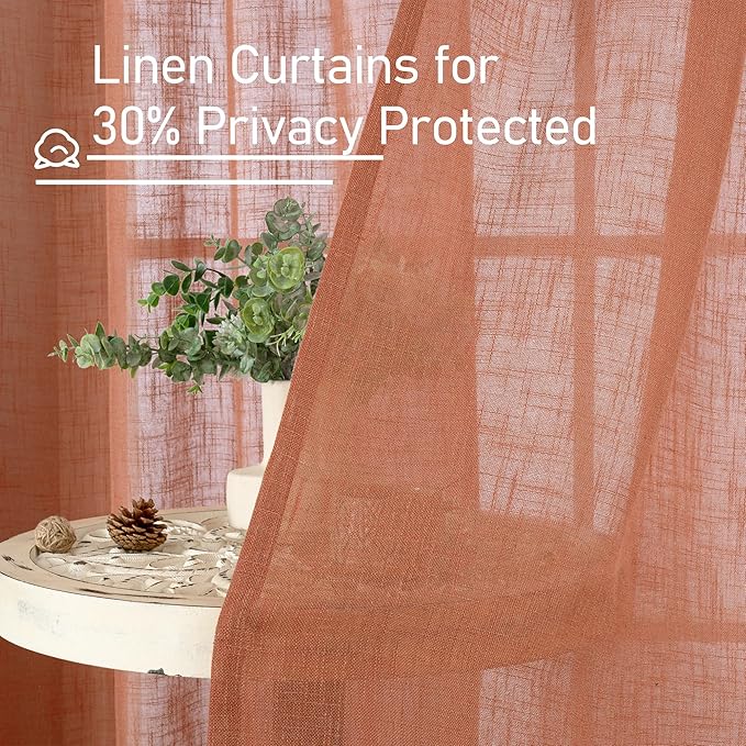 LAMIT Linen Semi Sheer Curtains 96 inches Long 2 Panels Set, Light Filtering Panels Back Tab and Rod Pocket Floor to Ceiling Curtains for Bedroom/Living Room, Terracotta, 52 x 96 Inch