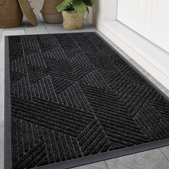 Smiry Front Door Mat Outside Entrance, Heavy Duty Sturdy Natural Rubber Doormat, Trap Dirt and Moisture, Easy Clean Low Profile Welcome Floor Mats for Indoor Outdoor Entry, 47x23 Inch, Black