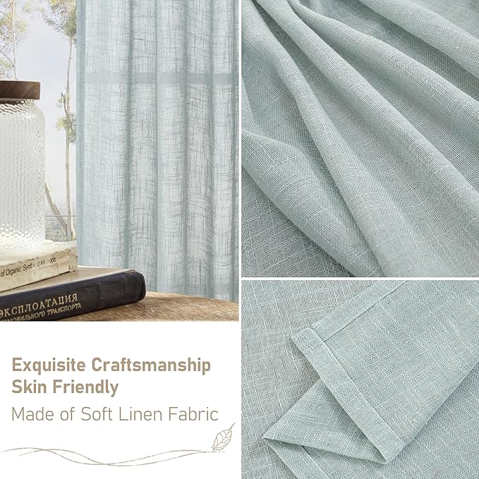 LAMIT Window Linen Curtains 24 Inch Length, Semi Sheer Light Filtering Window Panels Back Tab and Rod Pocket Drapes for Kitchen/Small Windows, Greyish Blue, 25 x 24 Inch, 2 Panels