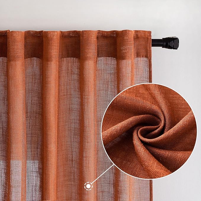 MIULEE Rust Curtains 96 Inch Length 2 Panels for Bedroom Living Room, Terracotta Soft Thick Linen Textured Window Drapes Semi Sheer Light Filtering Back Tab Rod Pocket Burlap Look Fall Decor