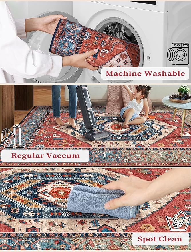 SERISSA Boho Washable Runner Rug, 2x6 Rug Runner Non-Slip Vintage Rust Hallway Kitchen Runner Rug Ultra Soft Print Distressed Tribal Floor Carpet Runner for Bedroom Bathroom Laundry Living Room