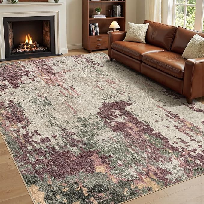 UERMEI 8x10 Area Rug Living Room Rugs - Washable Neutral Modern Abstract Soft Thin Rug Indoor Floor No Slip Rug Carpet for Bedroom Under Dining Table Home Office Decor - Purple/Green/Beige