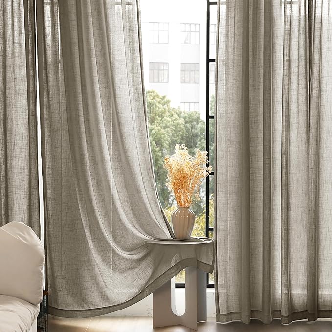 Taupe Linen Curtains 102 inches Long for Living Room Back Tab Rustic Farmhouse Semi Sheer Light Filtering Window Curtain Dining Room Soft Thick Flax Linen Textured Drapes Burlywood Birch Dark Brown