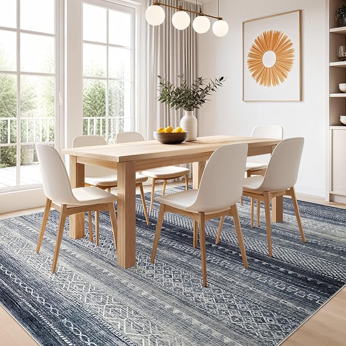 Nakagishi 8x10 Area Rugs Living Room: Washable Boho Large Neutral Soft Modern Rug Stain Resistant Moroccan Non Slip Indoor Floor Carpet for Bedroom Nursery Kids Playroom Office Dining Room- Blue