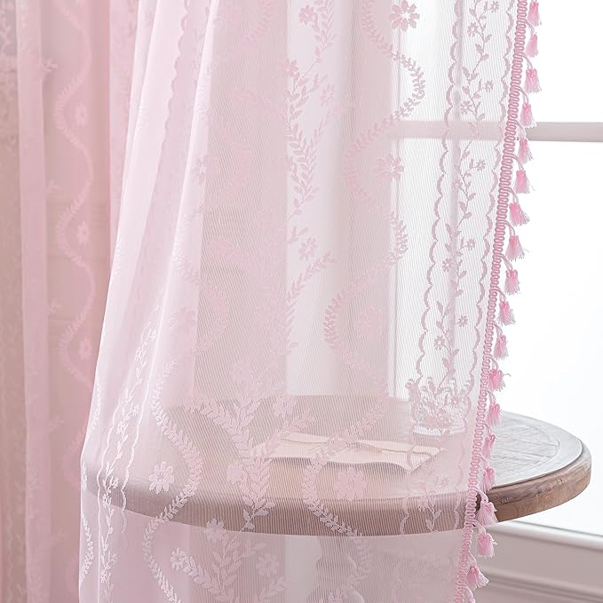 WAZZIO Boho Lace Curtains 63 Inch 2 Panels -Sheer Panel Drape Floral Pattern & Tassel Light Filtering Privacy for Bedroom Dining Living Room,Princess Pink Girl Bedroom Decor,Pale Pink,W52 x 63L