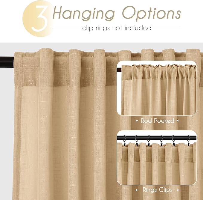 Tan Linen Curtains for Living Room Back Tab Modern Farmhouse Semi Sheer Tan Linen Curtains 45 inches Long 2 Panels Set Muted Neutral Window Curtain for Dining Room Bedroom 52x45