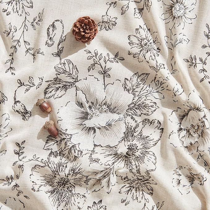 jinchan Linen Blend Curtain Floral Curtains for Living Room 63 Inch Length Black Printed Curtain Rod Pocket Back Tab Farmhouse Peony Flower Patterned Drapes Bedroom Window Curtains Set 2 Panels