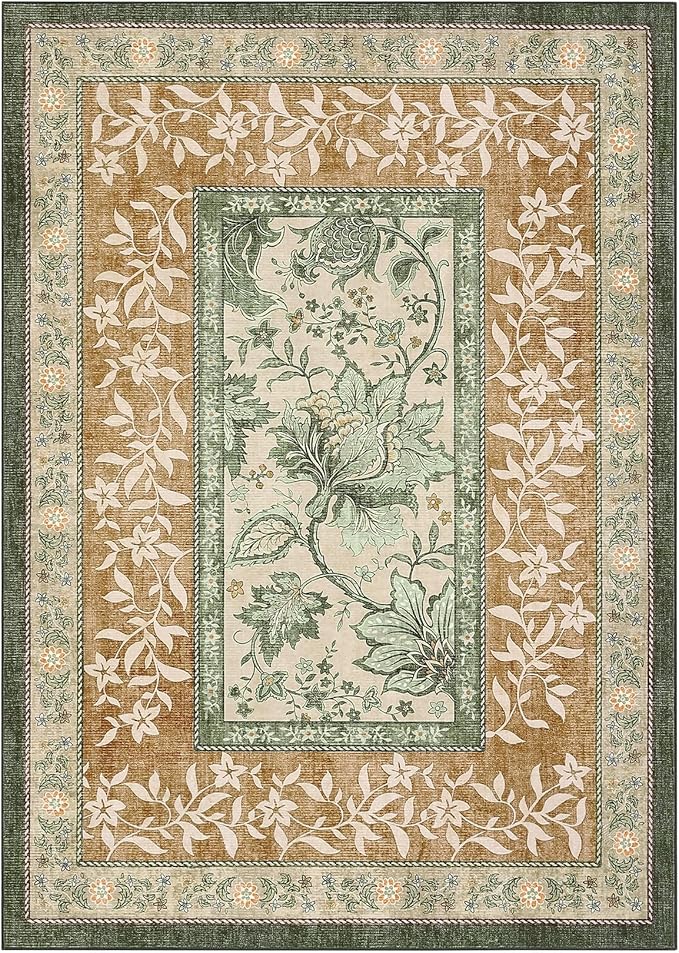 GarveeHome Terracotta Olive Sage Green Washable 6x9 Area Rugs, Botanical Grove Vintage Cottagecore Non-Slip Rug for Living Room Bedroom Nursery Kitchen Low-Pile Retro Large Carpet