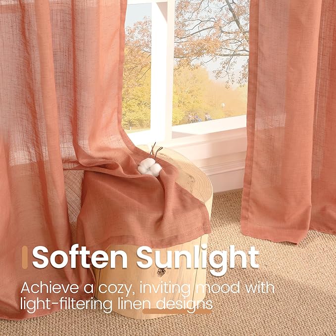 BGment Boho Terracotta Linen Curtains for Living Room 84 Inches Long, Burnt Orange Light Filtering Drapes Semi Sheer with Rod Pocket for Fall Bedroom Rust Color, Each 52 Inch Wide