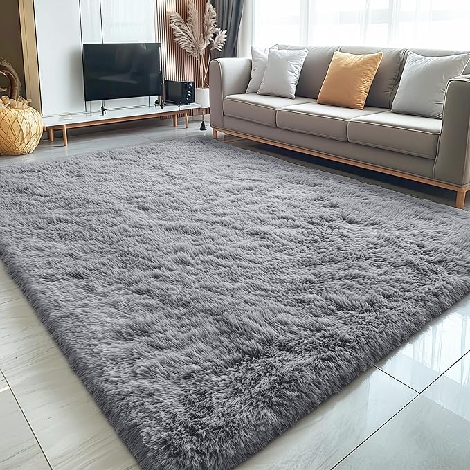 OLANLY 7x12 Machine Washable Large Area Rugs for Living Room, Bedroom, Soft Fluffy Shaggy Bedside Rug, Indoor Floor Carpet for Kids Girls and Boys, Dorms, Nursery, Home Decor Aesthetic, Light Grey
