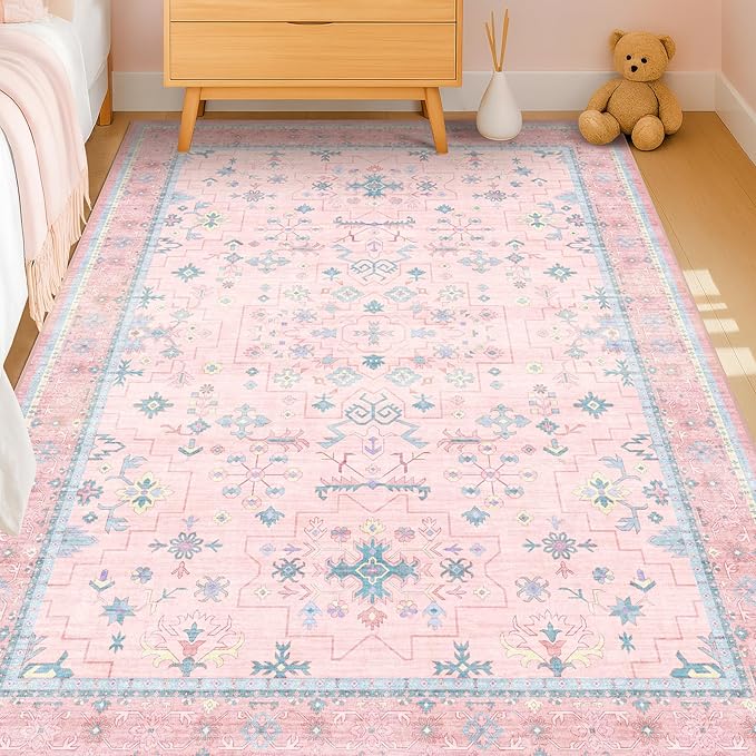 Washable Pink and Blue 6x8 Boho Rugs for Bedroom Girls, Living Room Kids Playroom Nursery Room, Modern Floral Distressed Design, Soft Low Pile Non Slip Stain Resistance Carpet