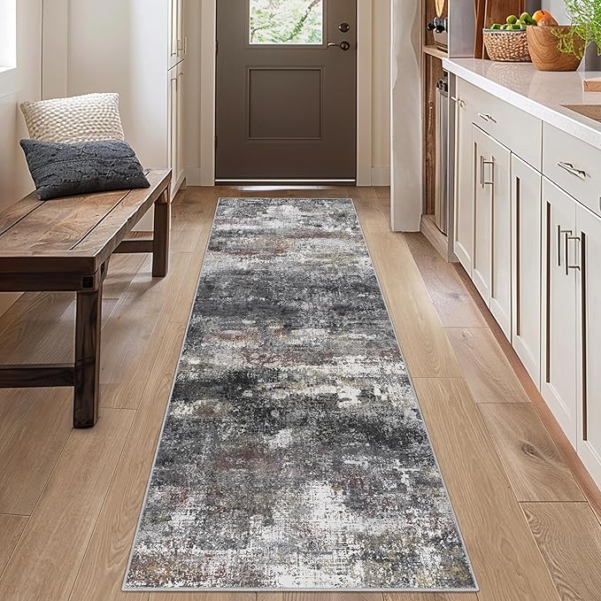 BEIMO Runner Rug for Hallway Kitchen 2x8 Machine Washable Runners Rug for Entryway, Dark Gray Soft Modern Abstract Throw Rugs, Floor Carpet with Non Slip Rubber Backing