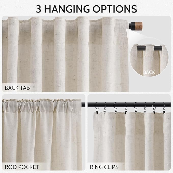 Nanspring Pearl White Linen Curtains 63 Inch Length for Living Room Luxury Light Filtering Semi Sheer Curtain Back Tab Coastal Decor Neutral Elegant Gray Drapes for Bedroom Office 52x63, 2 Panels