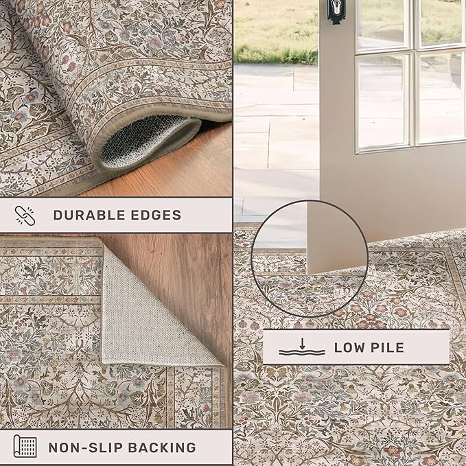 Vintage Moss Green Entryway Rug, 3x4 Washable Area Rugs for Kitchen, Bathroom, Bedroom, Oriental Low Pile Stain Resistant Non-Slip Small Throw Rug
