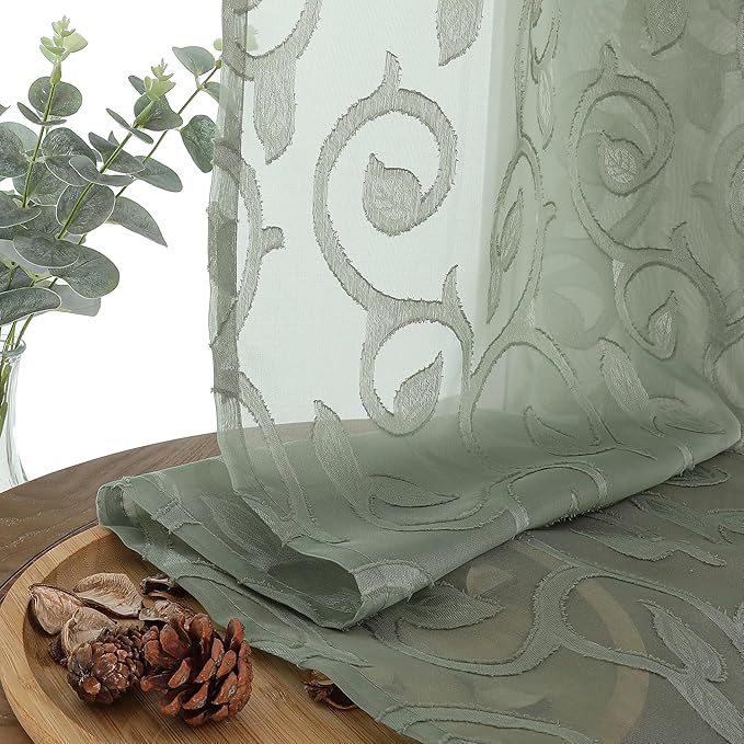OWENIE Furman Sage Green Sheer Curtains 96 inches Extra Long for Bedroom Living Room 2 Panels Set, Light Filtering Soft Semi Sheer Jacquard Clip Farmhouse Curtains Rod Pocket Design, 40Wx96L inch