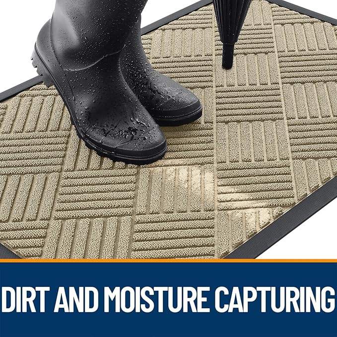 OLANLY Front Door Mat Outside Entrance 35x23, Absorbent, Heavy Duty Sturdy Natural Rubber Doormat Indoor Outdoor, Stain and Fade Resistant, Non-Slip Low Profile Floor Mat for Entryway, Beige Diamond