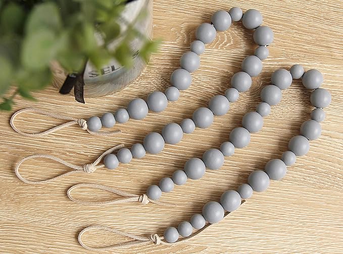 OCIOLI 2 Pack Wood Bead Curtain Tieback Boho Curtain Tiebacks Curtain Holdbacks for Wall Curtain Ties Curtain Tie Backs with Hooks for Boho Decor Bedroom Decor Nursery Decor (Grey, 2)