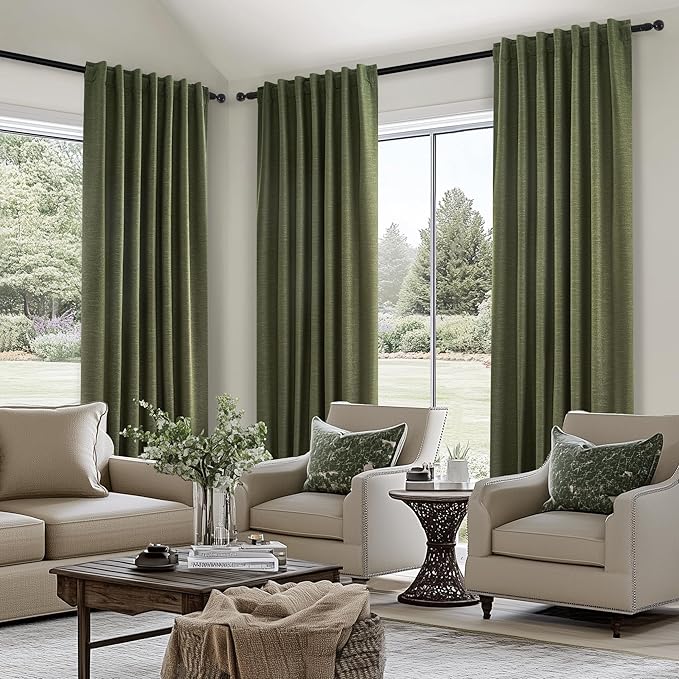 Topfinel Olive Green Linen Blackout Curtains 84 Inch Long for Living Room,Pinch Pleated Drape with Hooks Back Tab Boho Decor, Olive Forest Loden Full Black Out Curtains for Bedroom