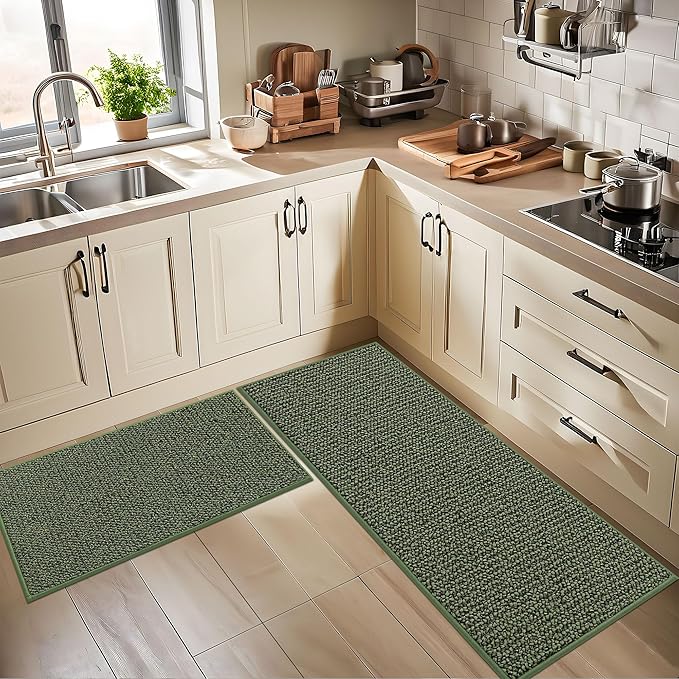 BEQHAUSE Kitchen Rugs and Mats 2PCS, Non-Slip Kitchen Mats for Floor, Absorbent and Stain Resistant Kitchen Runner, Machine Washable Rugs for Kitchen, Laundry & Sink, 20"x32"+20"x48", Green