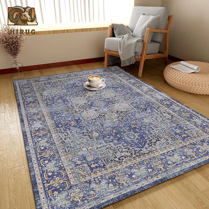 Washable Area Rug 3' x 5 ' Vintage Traditional Persian Mat - Foldable Distressed Non-Slip Machine Washable Carpet for Living Room Bedroom Kitchen Home Decor - Indigo and Gold
