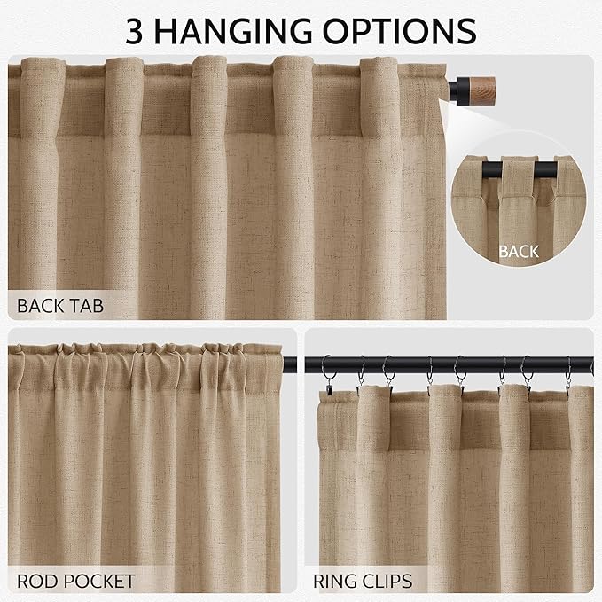 Sand Beige Linen Curtains 80 Inch Length for Living Room Simple Modern Light Filtering Semi Sheer Curtain Back Tab Rustic Farmhouse Luxury Home Decor Drapes for Bedroom Dinner Room 52x80, 2 Panels