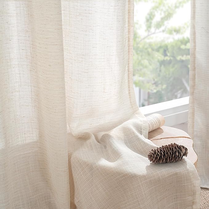 BGment Oatmeal Linen Curtains 40 Inch Length for Short Window - Semi Sheer Drapes Textured Light Filtering with Rod Pocket for Kitchen Bathroom Lightweight, 2 Panels Set, 42 X 40 Inch