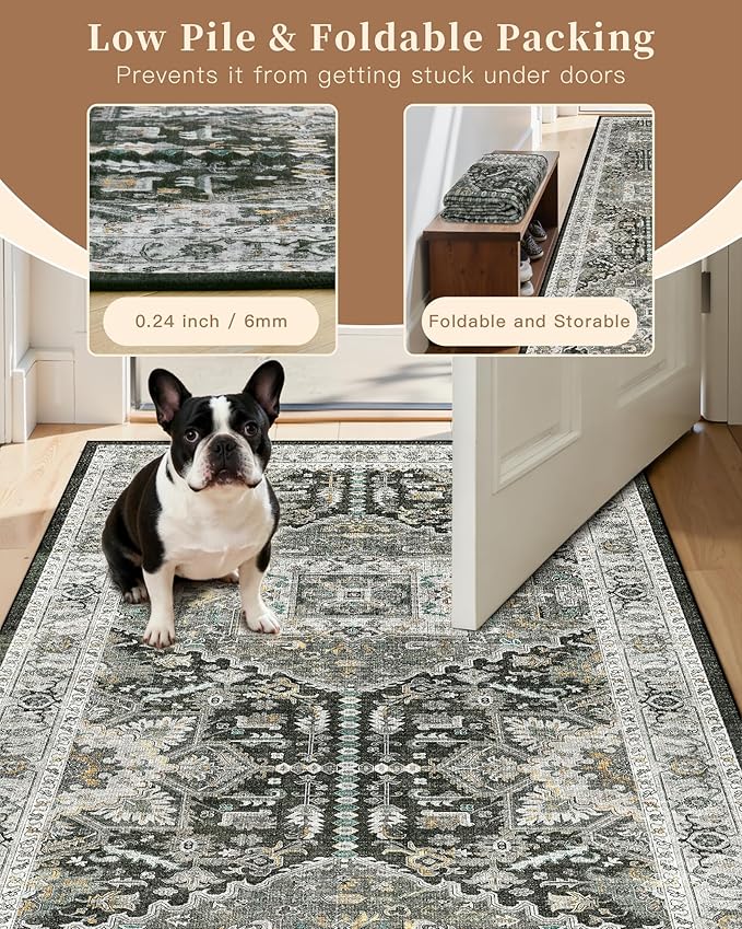 Madane Runner Rugs 2x12 Extra Long, Washable Non-Slip Hallway Runner Rug Low-Pile Carpet Runner for Kitchen Entrance Living Dining Laundry Room, Grey Green/Black Olive