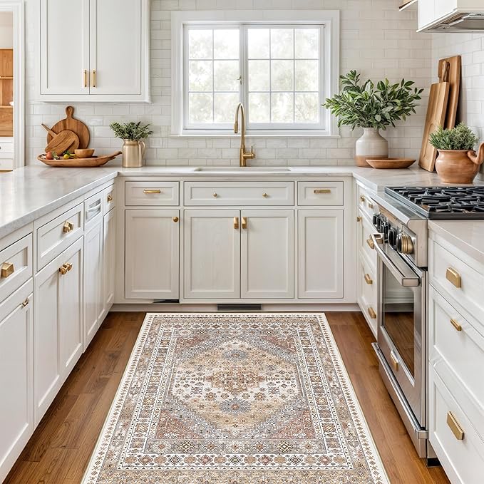 4x6 Area Rugs for Living Room, Non-Slip Backing Small Kids Rugs for Bedroom, Vintage Floral Rug Home Decor, Low Pile Soft Washable Rug for Kitchen, Dining Room (Orange,4'x6')