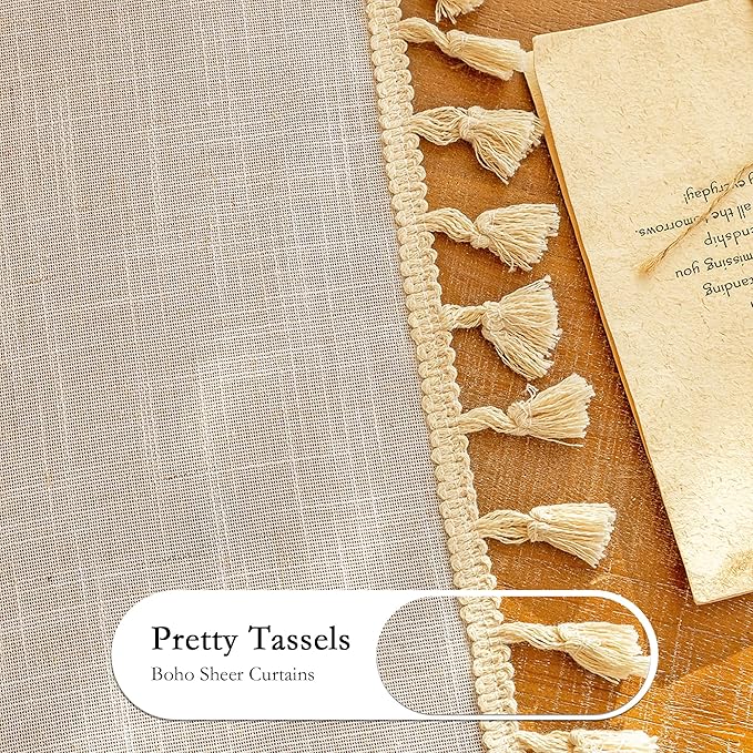 MYSKY HOME Natrual Curtains 84 Inches Long for Living Room Boho Semi Sheer Light Filtering Privacy Drapes for Bedroom, Farmhouse Rustic Home Decor Back Tab with Tassel, 50" x 84", Natural, 2 Panels