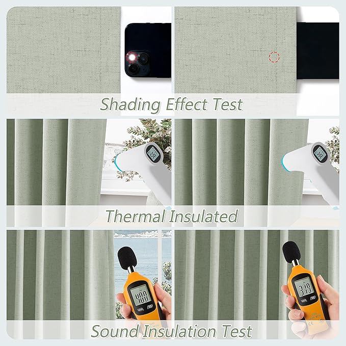 Guken Mist Sage 100% Blackout Linen Curtains 90 Inch Length 2 Panels Set for Living Room Bedroom Back Tab/Rod Pocket Thermal Insulated Black Out Drapes Room Darkening Window Curtains 90 Inches Long