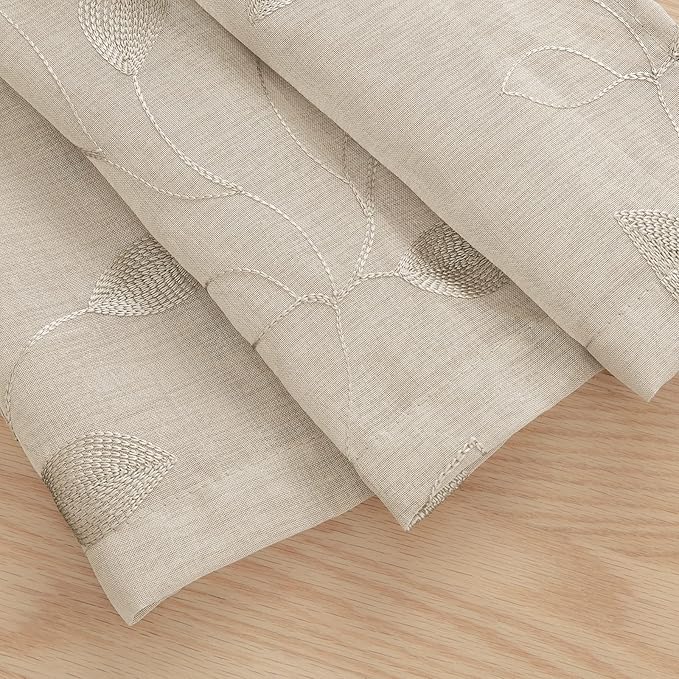 HOMEIDEAS Taupe Sheer Kitchen Curtains 30 X 24 Inch Length 2 Panels Beige Embroidered Leaf Pattern Short Curtains for Small Window Valance Tiers