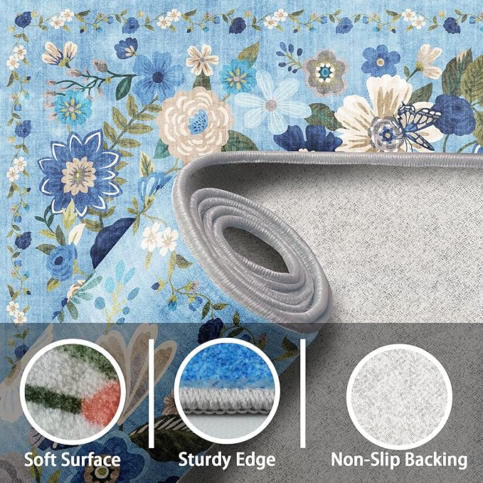 Rug for Hallways Kitchen Rug 3x7, Non Slip Washable Rugs with Rubber Backing Soft Floral Carpet Runner for Hallways, Kitchen, Laundry, Bedroom, Bathroom(3 x 7, Blue Garden)