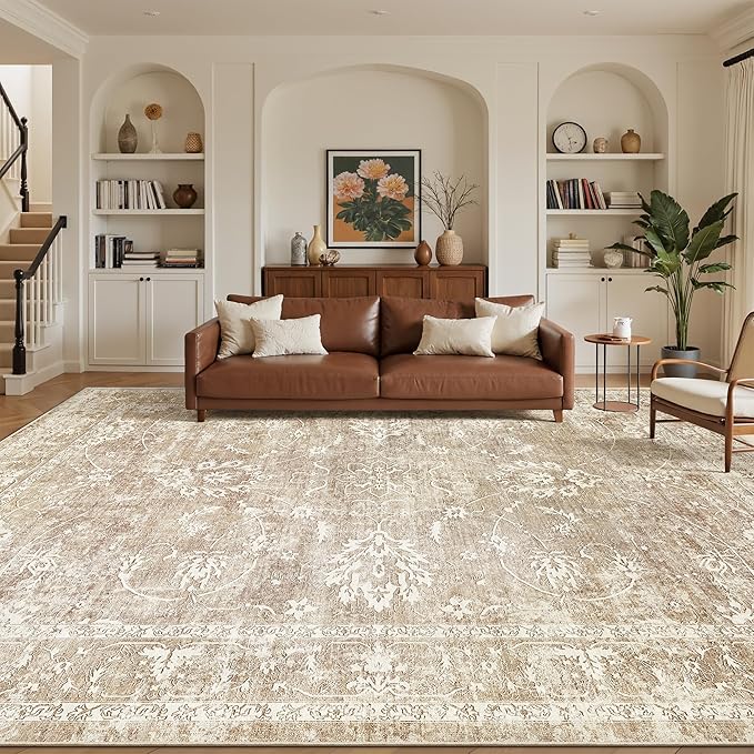 Madane 8x10 Area Rugs for Living Room, Machine Washable Vintage Natural Rug with Non-Slip Backing, Soft Large Throw Rug, Thin Carpet for Bedroom Dining Room Farmhouse (8 x 10, Beige/Brown)