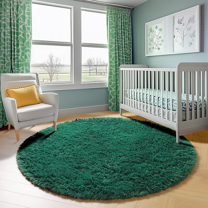ONASAR Dark Green Round Area Rugs 5ft, Fluffy Soft Bedroom Circle Rug for Kids Girls Boys Teen Room, Furry Plush Shaggy Carpet Floor Mat for Baby Nursery Living Room Playroom Dorm Home Decor