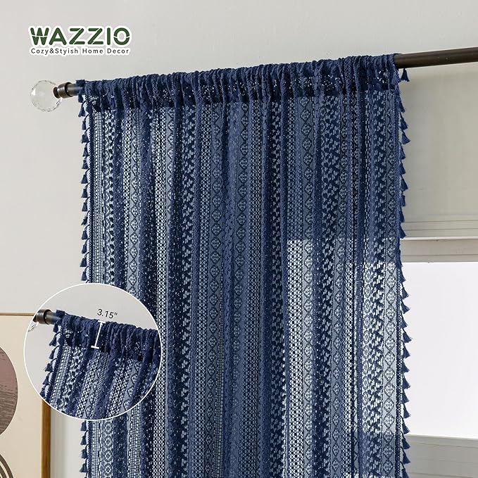 WAZZIO Boho Lace Curtains 84 Inches 2 Panel,Light Filtering Privacy Tassel & Geometry Crochet Semi Sheer Curtain Drapes for Bedroom Living Dining Room,Rod Pocket & Tassel,Navy Blue