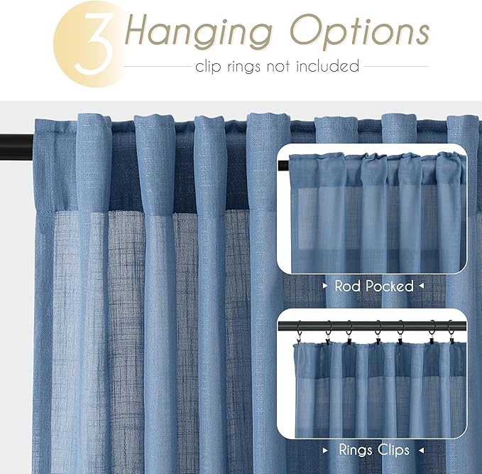 Denim Blue Curtains for Living Room Back Tab Modern Farmhouse Semi Sheer Blue Curtains 92 inches Long 2 Panels Set Muted Neutral Window Curtain for Dining Room Bedroom 52x92