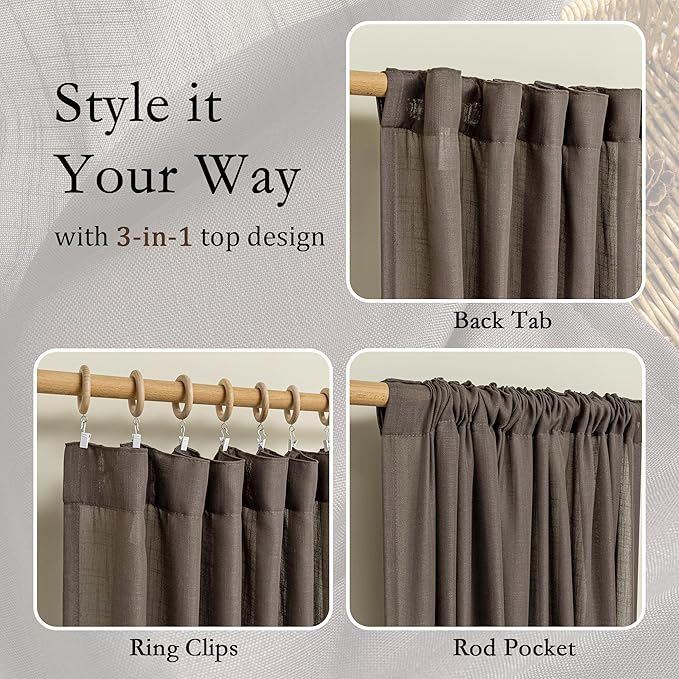 MYSKY HOME 108 Inches Long Dark Brown Sheer Curtains for Living Room 2 Panel Sets Light Filtering Window Drapes for Sliding Door Back Tab Draperies Floor to Ceiling Curtains Soft, 50" Wide