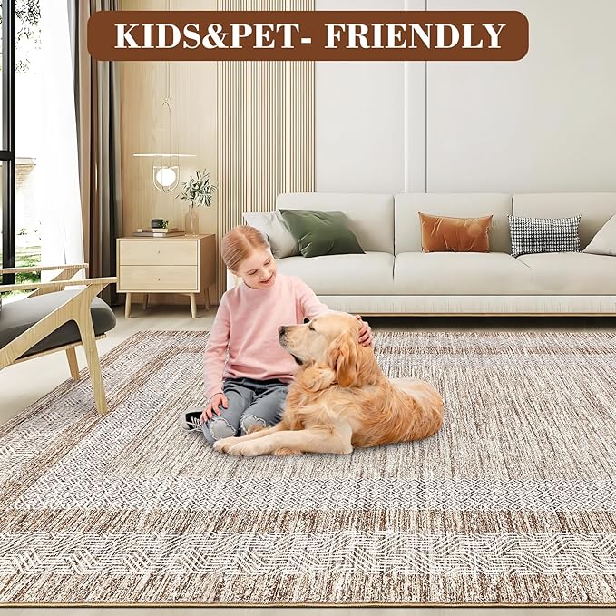 GarveeHome 8x10 Large Washable Area Rug Modern Bordered Rug Distressed Geometric Floor Carpet, Soft Non Slip Rug, Low Pile Non Shedding Rug, Indoor Brown Rug for Bedroom, Living Room