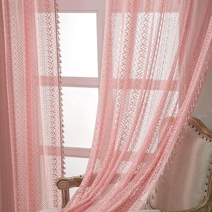 WAZZIO Boho Lace Curtains 84 Inches 2 Panel,Light Filtering Privacy Tassel & Geometry Crochet Semi Sheer Curtain Drapes for Bedroom Living Dining Room,Rod Pocket & Tassel,Light Pink