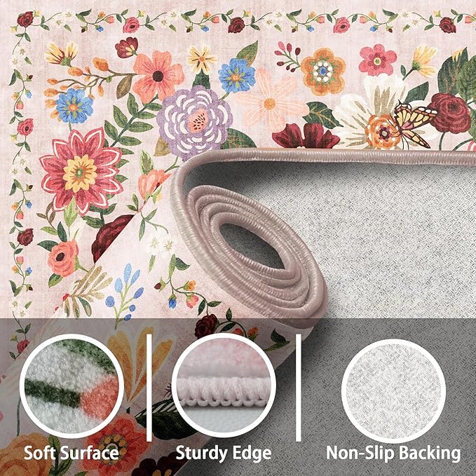 Rug for Hallways Kitchen Rug 3x7, Non Slip Washable Rugs with Rubber Backing Soft Floral Carpet Runner for Hallways, Kitchen, Laundry, Bedroom, Bathroom(3 x 7, Beige Garden)