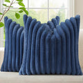 decorUhome Cozy Faux Fur Throw Pillow Covers 12x12 Set of 2 Decorative Soft Plush Striped Modern Farmhouse Boho Couch Pillow Cases with Velvet Back for Sofa Bed Living Room, Navy Blue