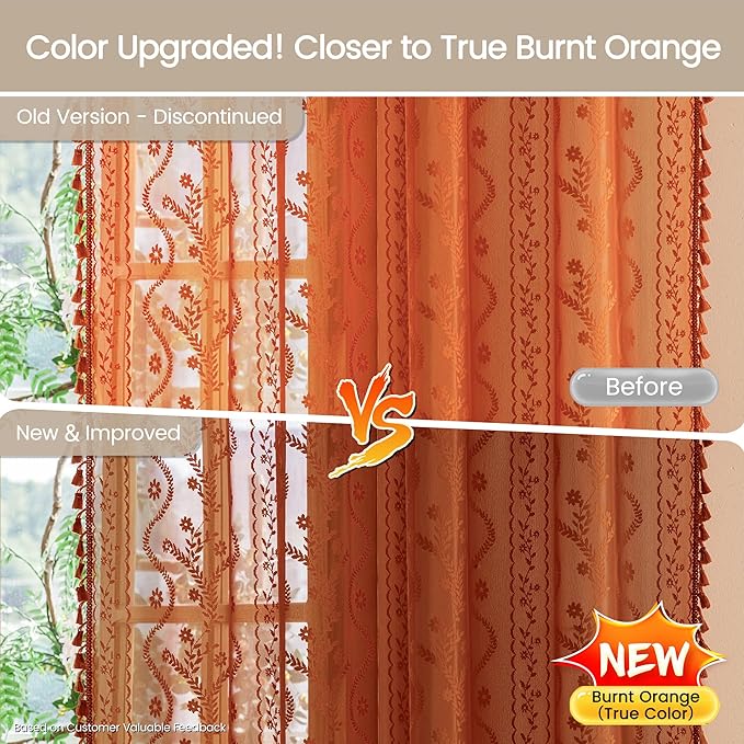 WAZZIO Boho Lace Curtains 84 Inch 2 Panels-Vintage Sheer Panel Drape Floral Pattern & Tassel Light Filtering Privacy for Bedroom Dining Living Room,Cottage Earthy Full Decor Terracotta,W52 x 84L