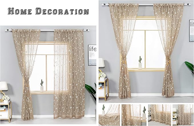 AmHoo 2 Panels Embroidered Leaf Pattern Semi Sheer Curtains Foliage Floral Voile Window Draperies Treatment for Bedroom Living Room Rod Pocket Taupe 53 x 95 Inch