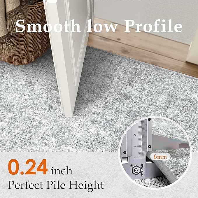PureCozy 4x6 Area Rug Washable Vintage Entryway Living Room Carpet Indoor Office Non Slip Grey Entrance Distressed Low Pile Retro Accent Throw Rug for Dining Room Bathroom Bedroom Laundry
