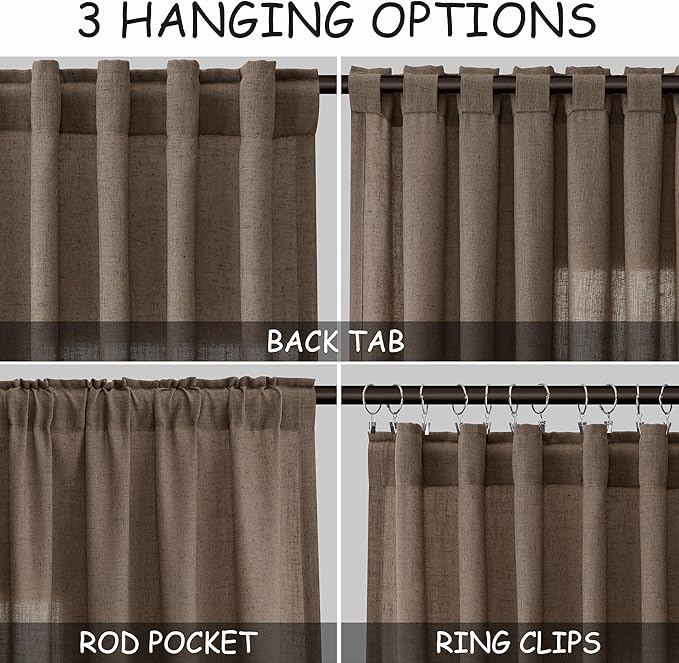 Nanspring Light Brown Semi Sheer Linen Curtains 72 Inch Length for Living Room Back Tab Rod Pocket Modern Farmhouse Coastal Decor Cotton Textured Gauze Curtains 72 Inches Long for Dining Room Office