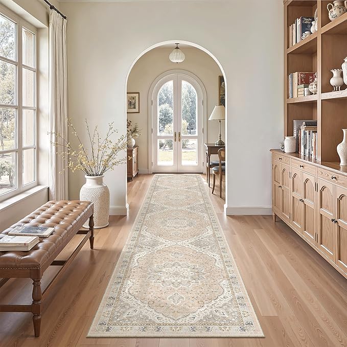 Madane Runner Rugs for Hallway 2x10 Long Washable Non-Slip Hallway Runner Rug Low-Pile Stair Kitchen Runner Throw Carpet for Entrance Living Dining Laundry Room (Pink/Gray, 2 x 10)