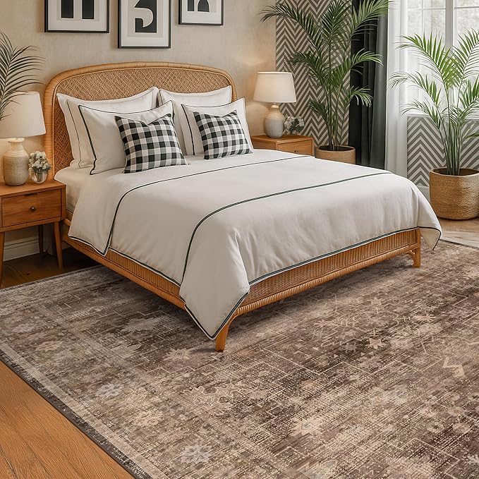 Hazo Haus Gold Brown 8x12 Big Rugs for Living Room - Non Slip Washable Vintage Area Rug for Dining Room Under Table, Geometric Floral & Low Pile Boho Bedroom Decor