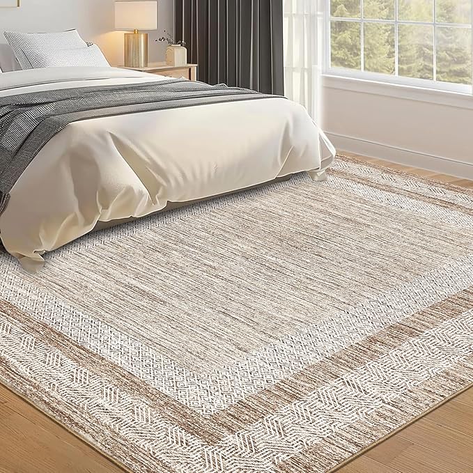 GarveeHome Modern Geometric Area Rug 4x6 Distressed Bordered Washable Non Slip Floor Carpet Non Shedding Thin Soft Low Pile Contemporary Brown Rug for Dining Room, Living Room