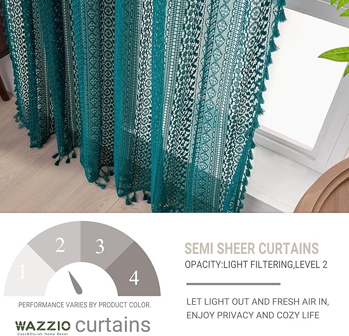 WAZZIO Boho Lace Curtains 96 Inches 2 Panel,Light Filtering Privacy Tassel & Geometry Crochet Semi Sheer Curtain Drapes for Bedroom Living Dining Room,Rod Pocket & Tassel,Coastal Style,Teal